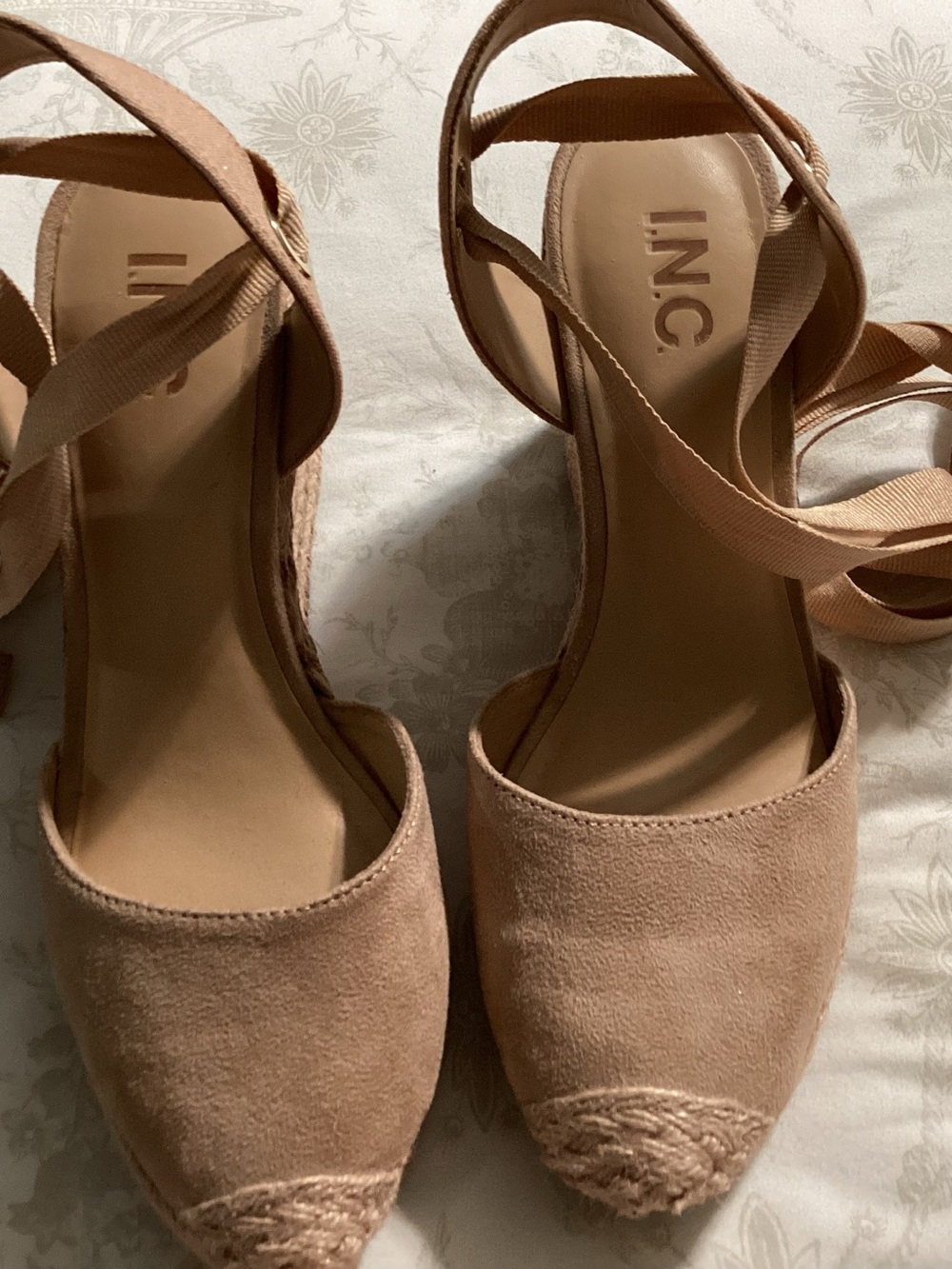 INC International Concepts Nude/Tan Espadrille Wedge Sandals with Ankle Wraps